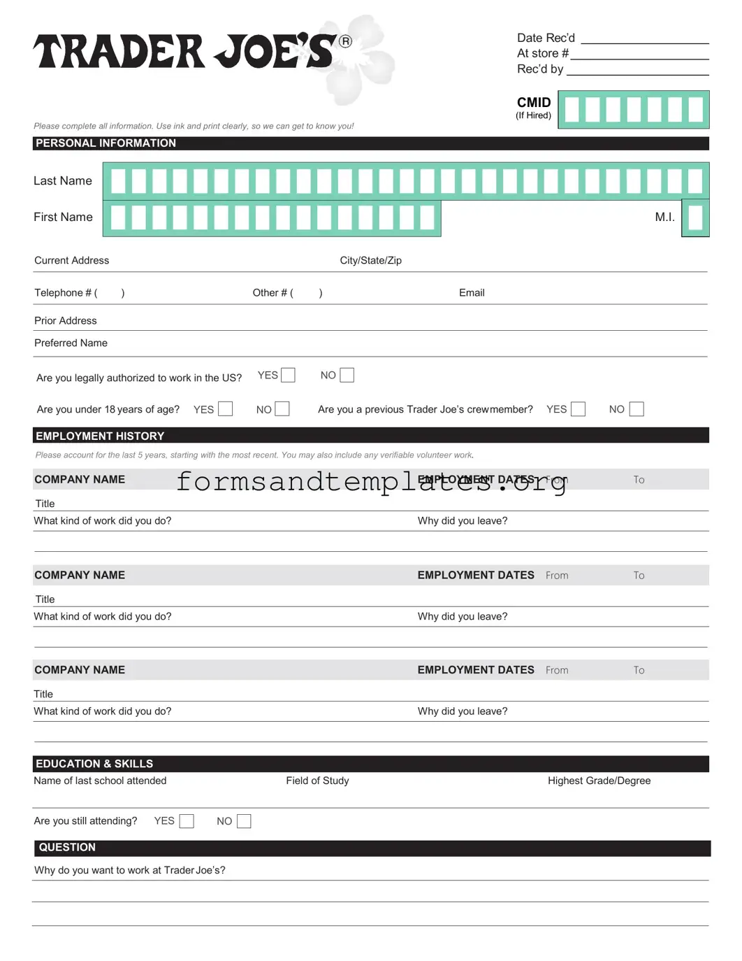 Printable Trader Joe's application Template
