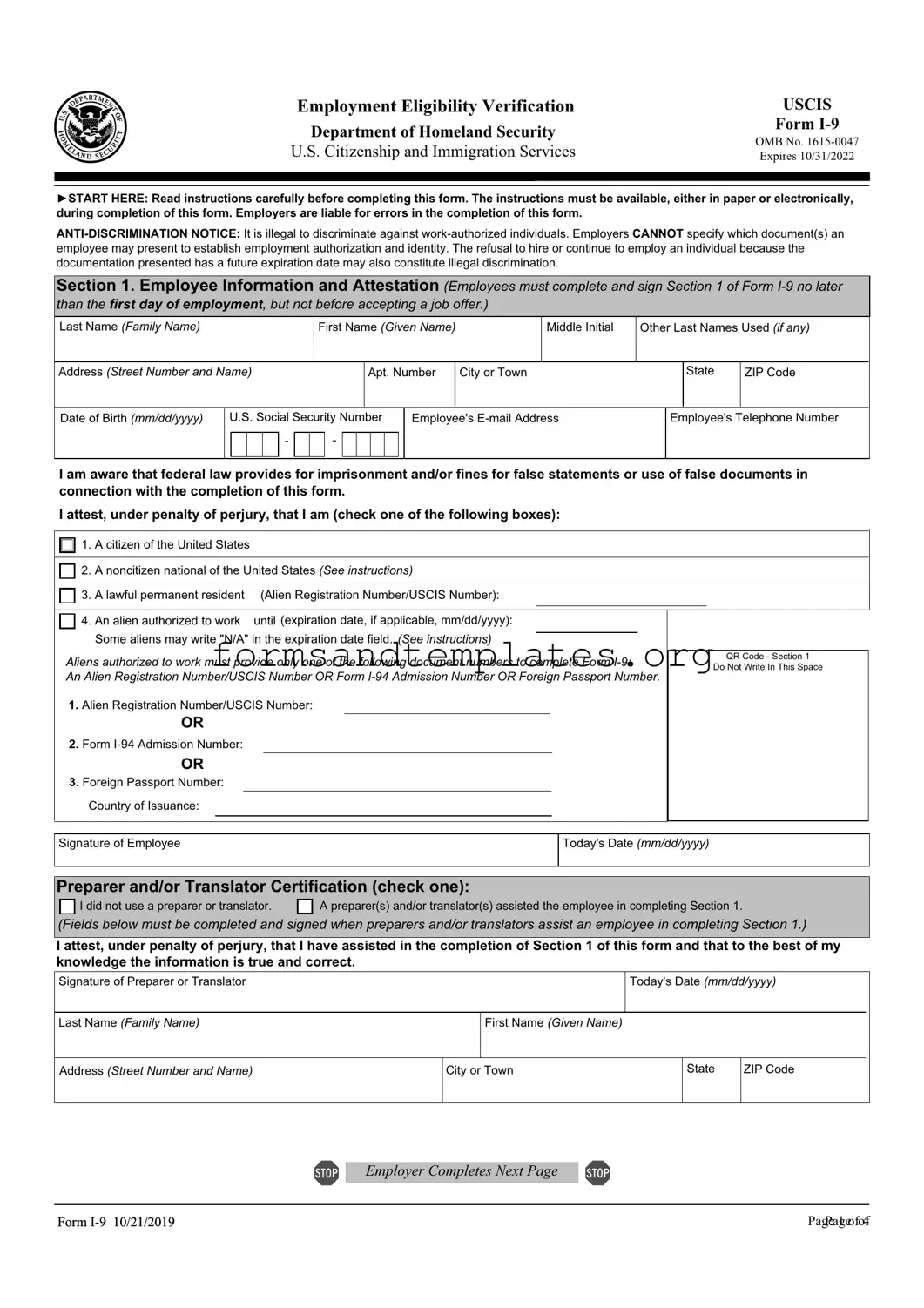 Printable USCIS I-9 Template