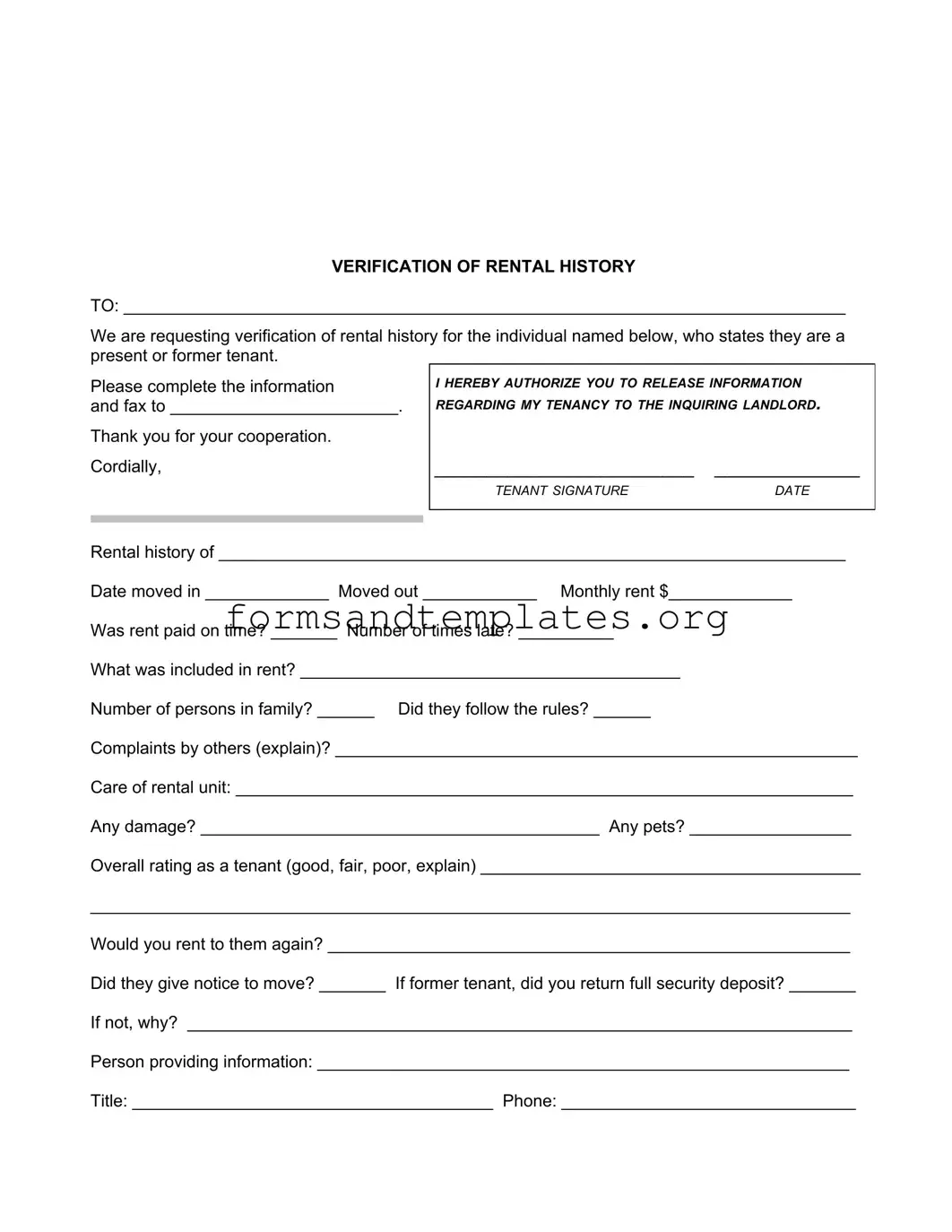 Printable Verification Rental Template