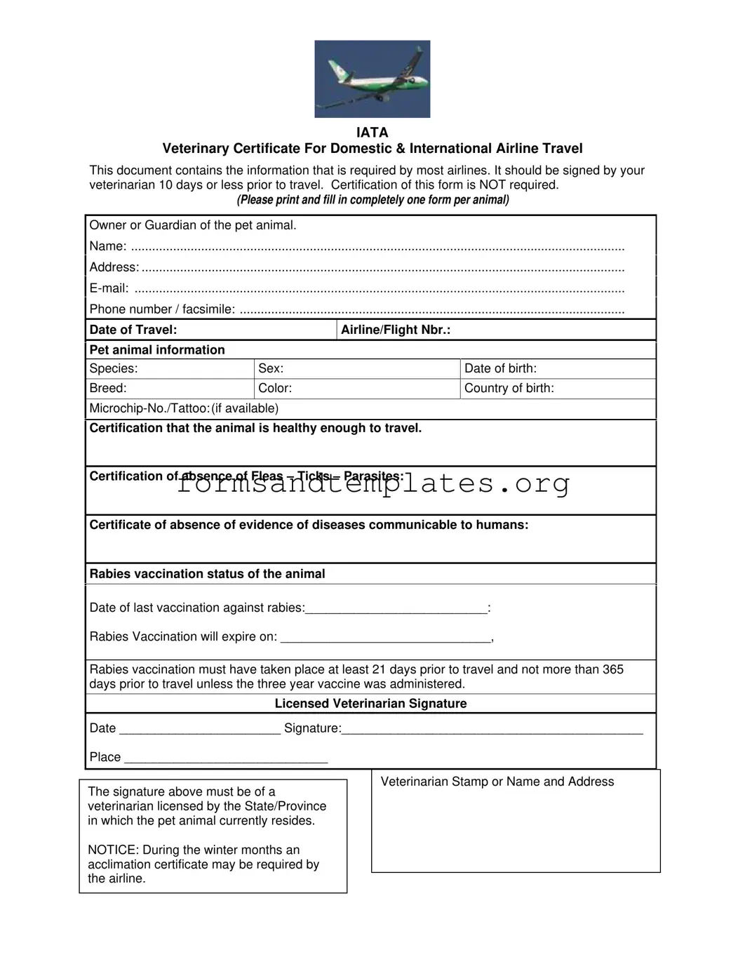 Printable Veterinary Certificate Travel Template