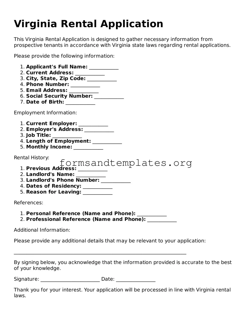 Rental Application Template for the State of Virginia