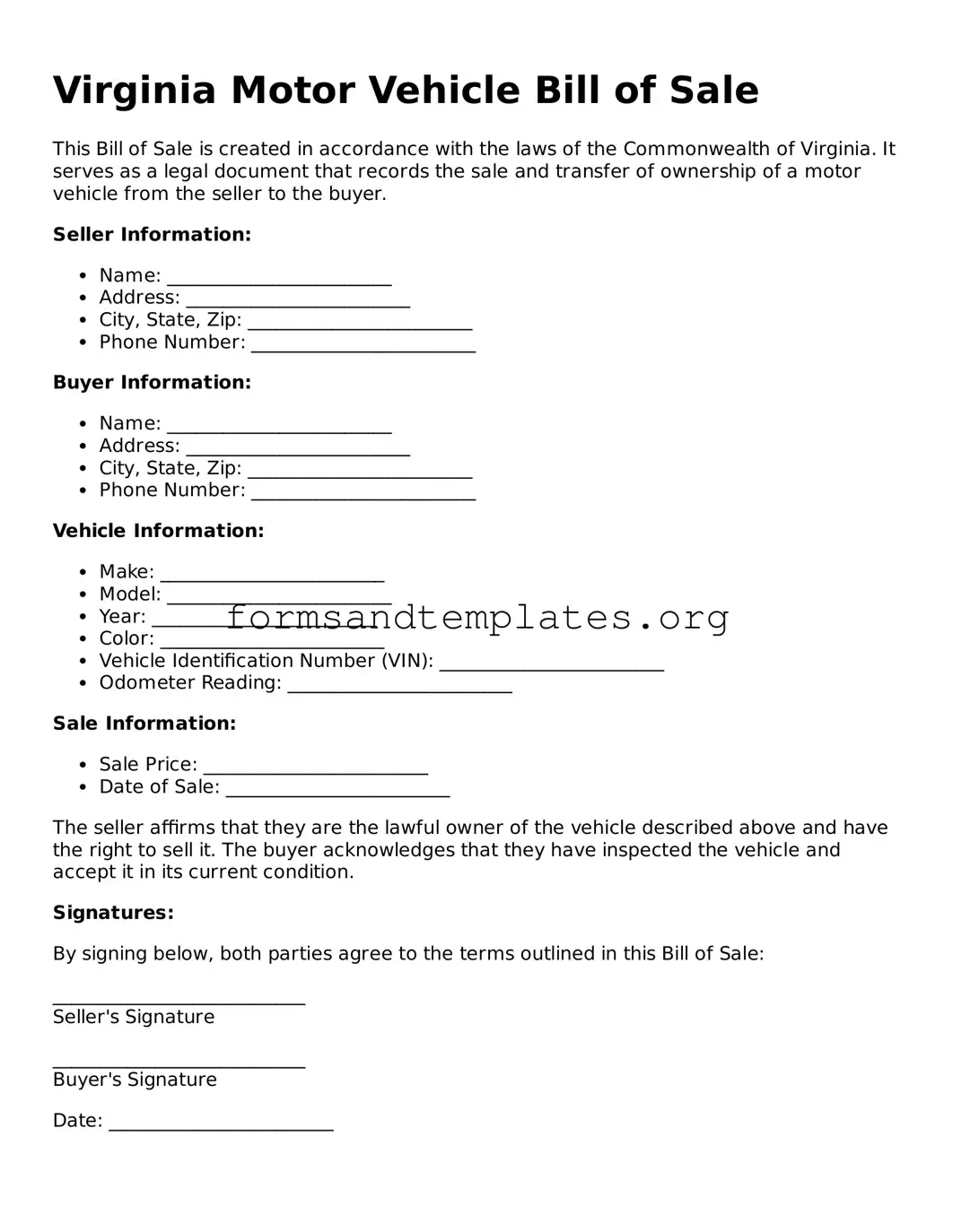 Motor Vehicle Bill of Sale Template for the State of Virginia
