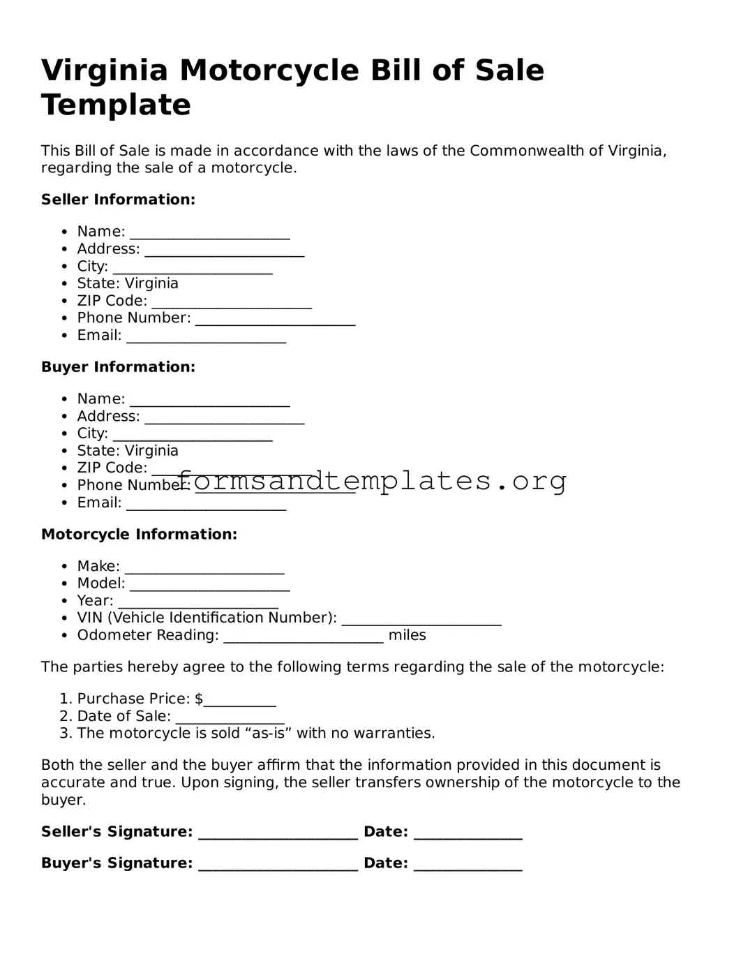 Motorcycle Bill of Sale Template for the State of Virginia