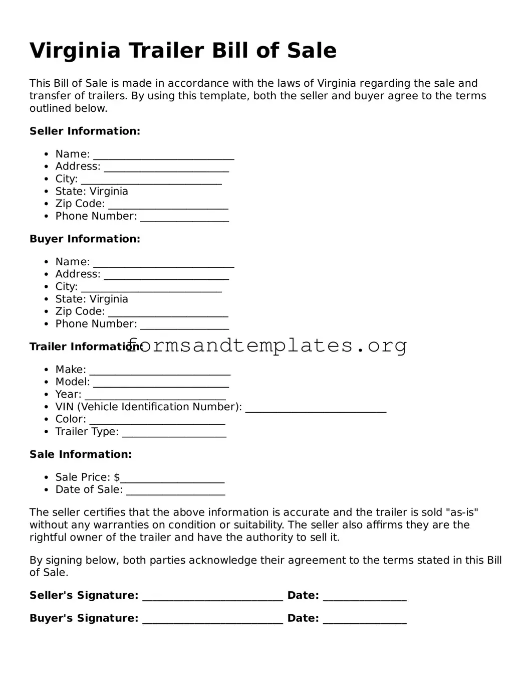 Trailer Bill of Sale Template for the State of Virginia