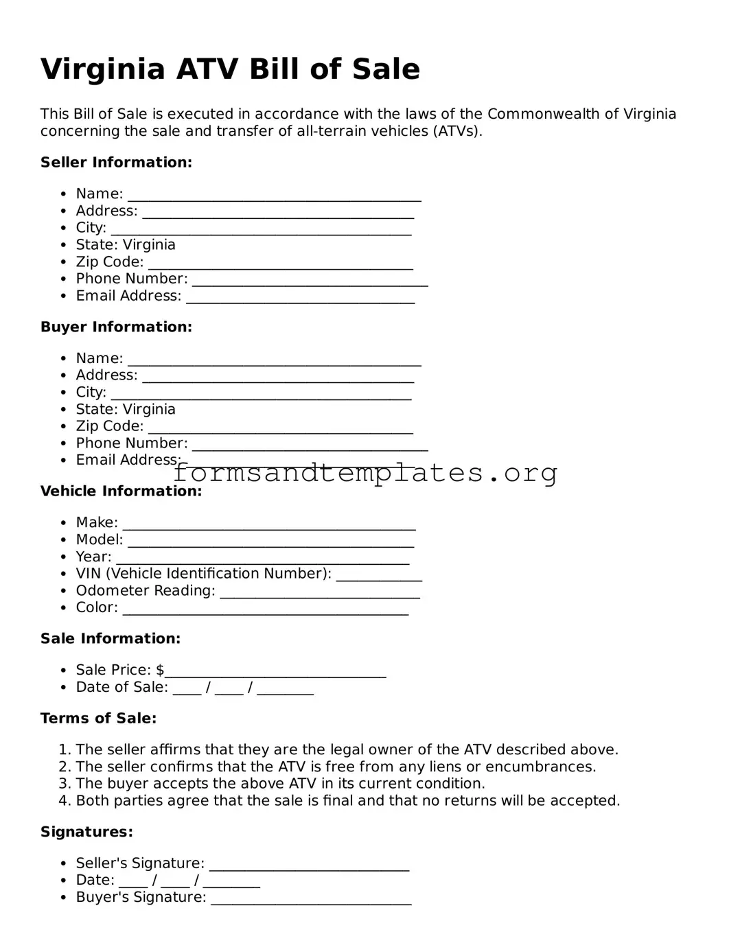 ATV Bill of Sale Template for the State of Virginia