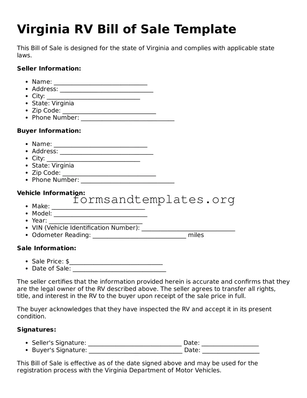 RV Bill of Sale Template for the State of Virginia