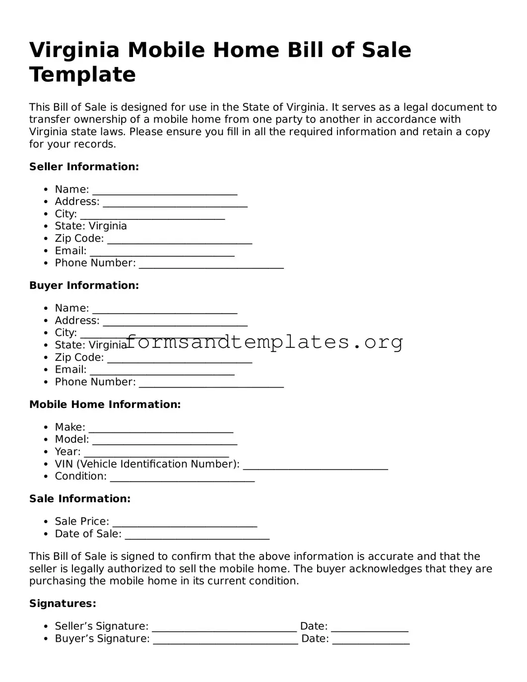 Mobile Home Bill of Sale Template for the State of Virginia