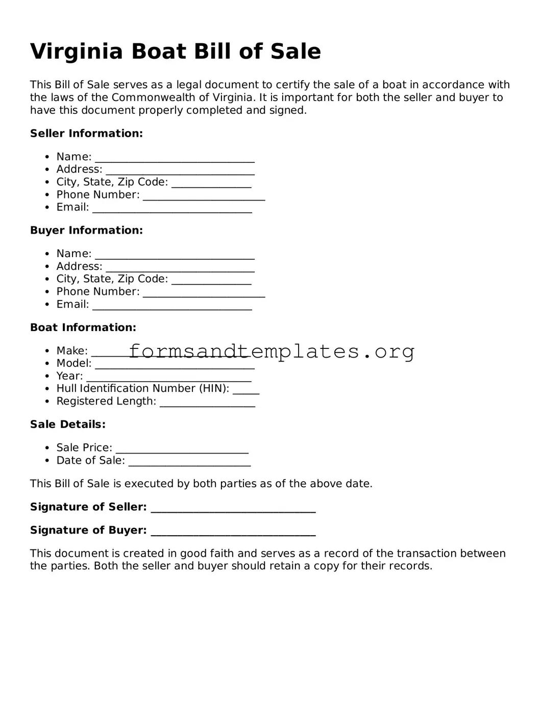Boat Bill of Sale Template for the State of Virginia