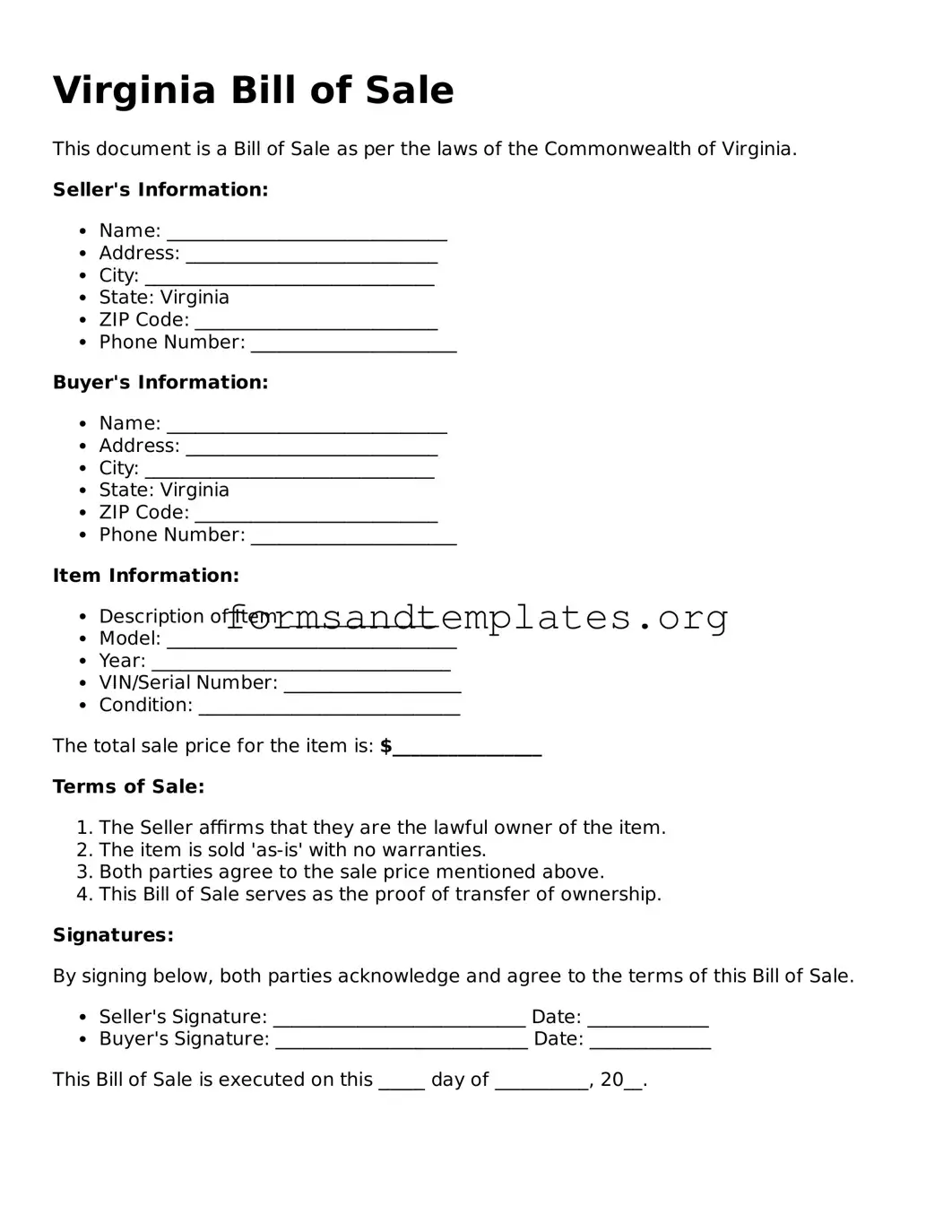 Bill of Sale Template for the State of Virginia