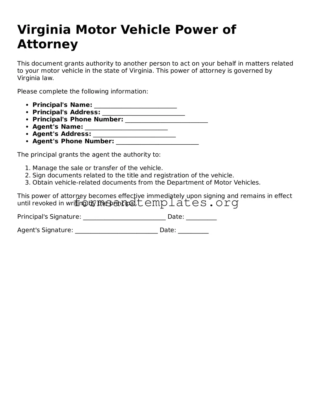 Motor Vehicle Power of Attorney Template for the State of Virginia