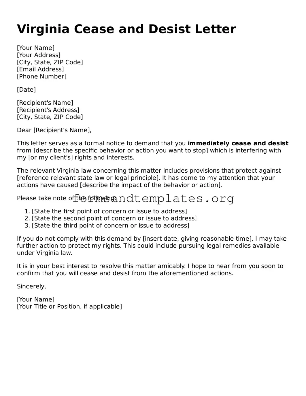 Cease and Desist Letter Template for the State of Virginia