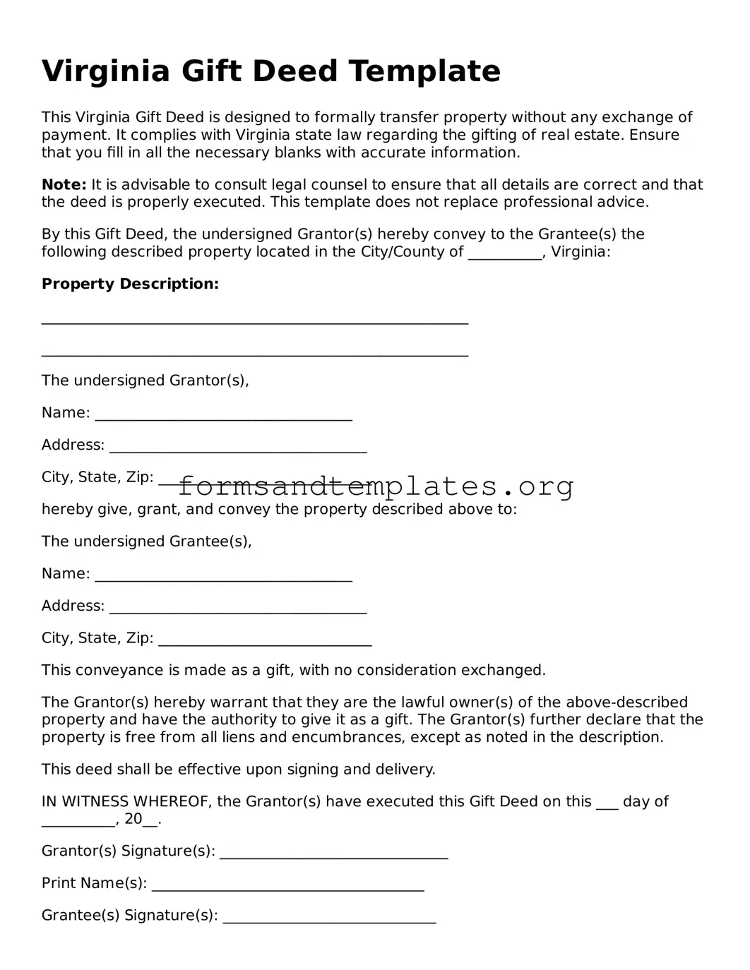 Gift Deed Template for the State of Virginia