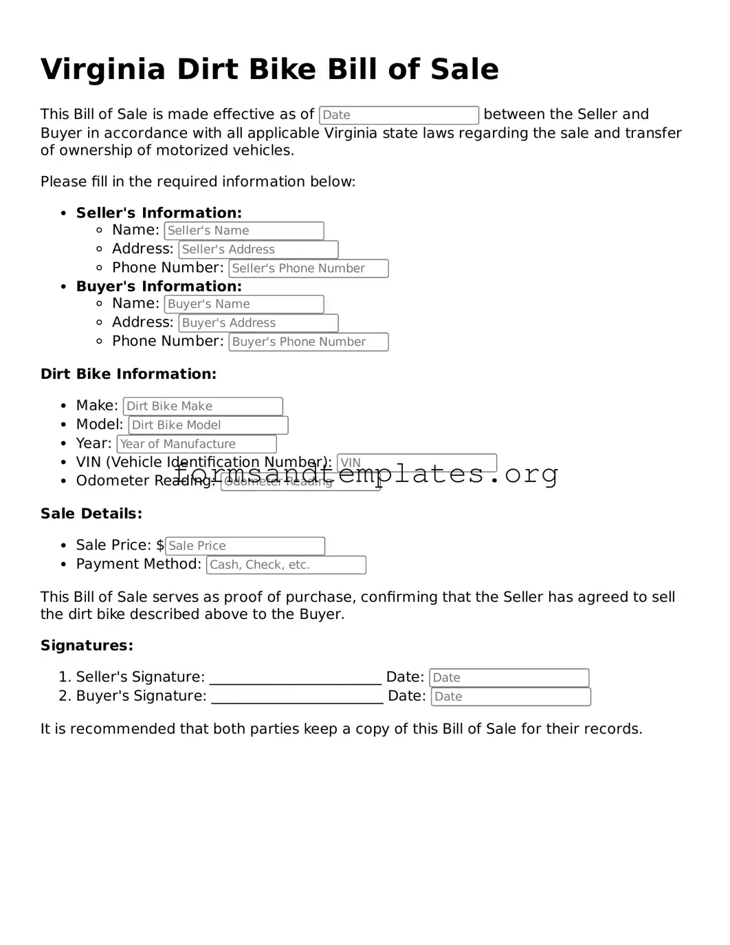 Dirt Bike Bill of Sale Template for the State of Virginia