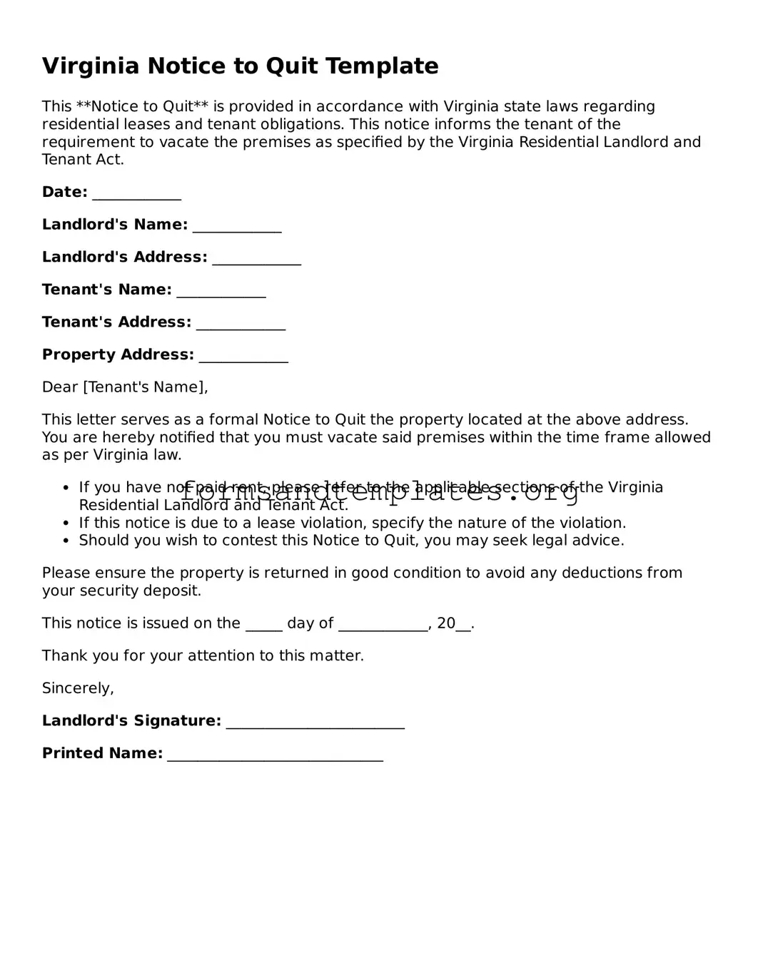 Notice to Quit Template for the State of Virginia