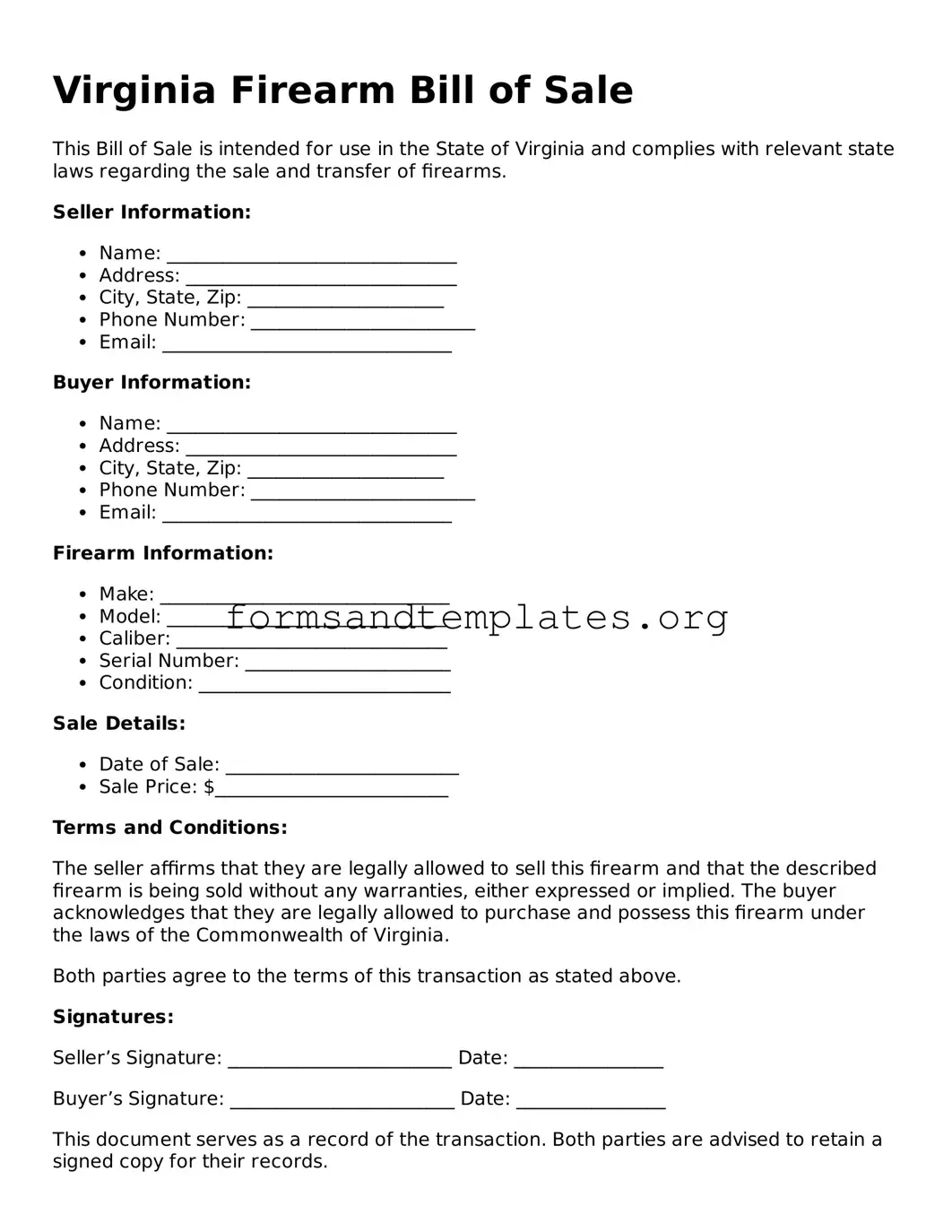 Firearm Bill of Sale Template for the State of Virginia