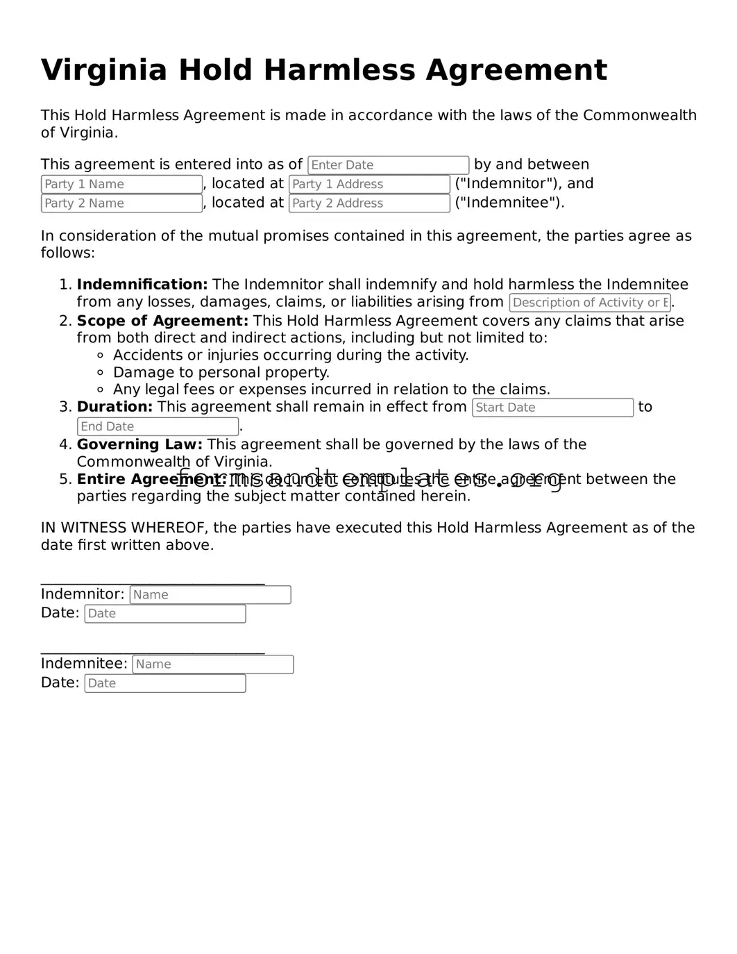 Hold Harmless Agreement Template for the State of Virginia