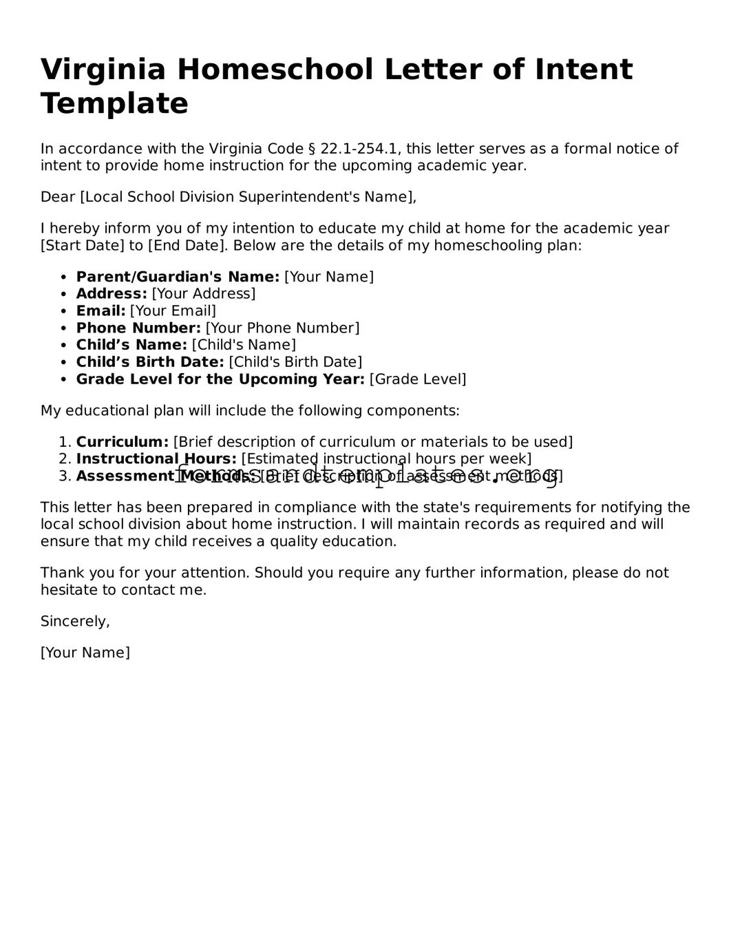 Homeschool Letter of Intent Template for the State of Virginia