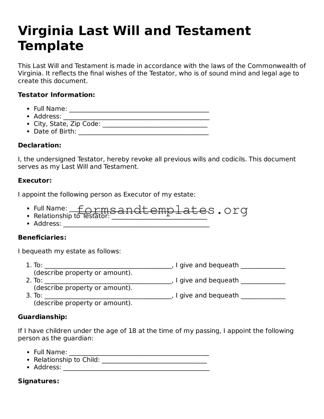 Last Will and Testament Template for the State of Virginia
