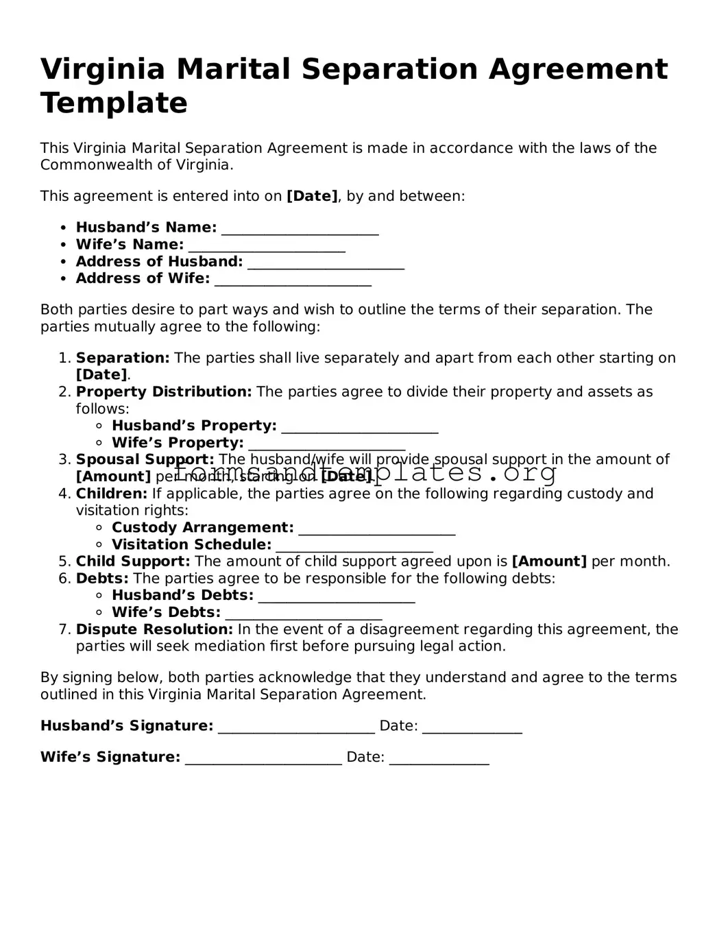 Marital Separation Agreement Template for the State of Virginia