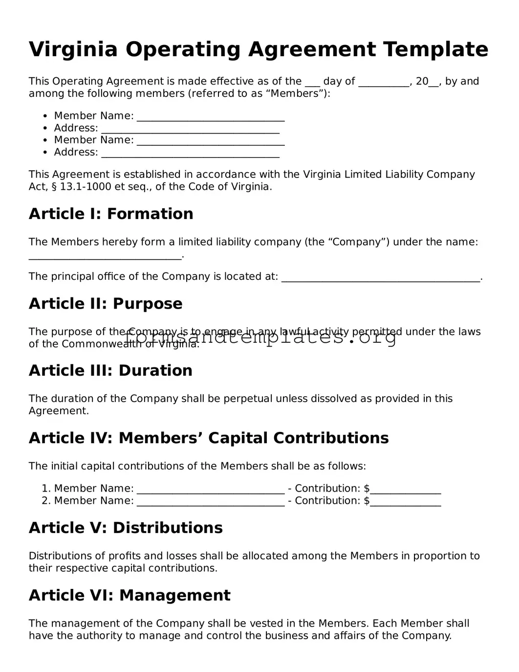 Operating Agreement Template for the State of Virginia