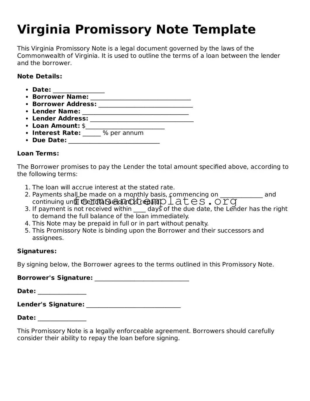 Promissory Note Template for the State of Virginia