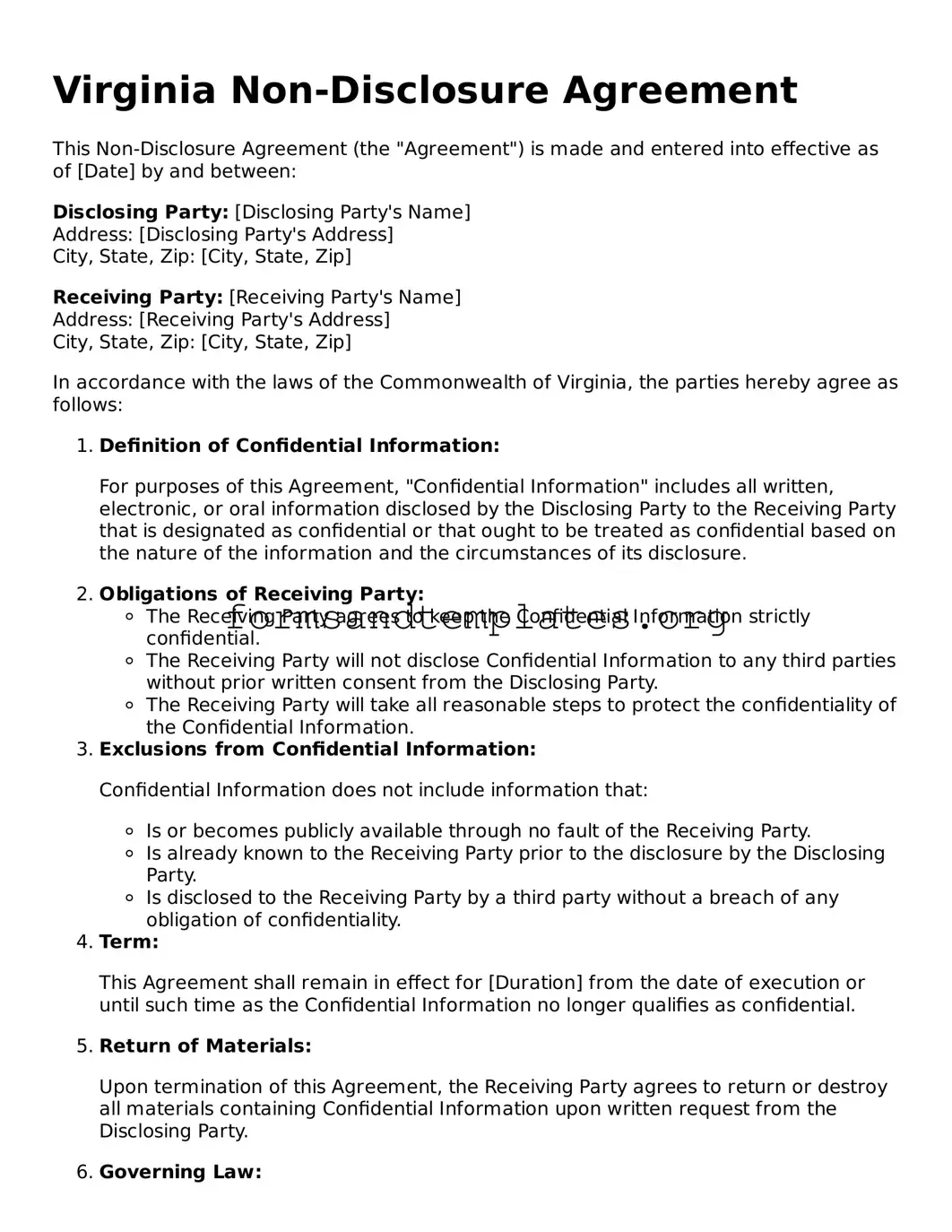 Non-disclosure Agreement Template for the State of Virginia