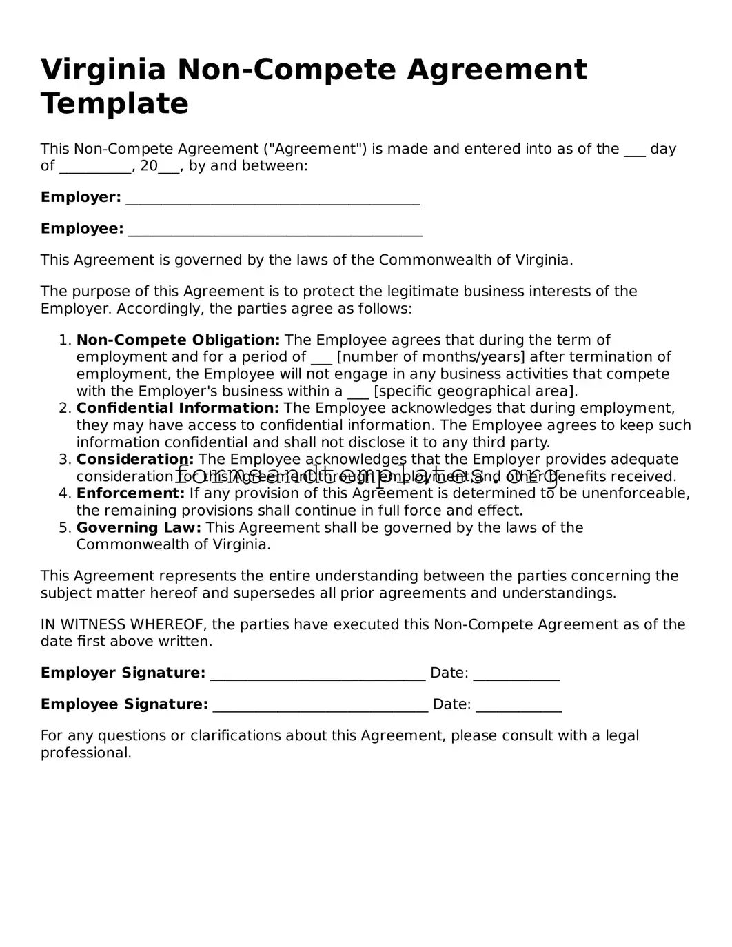 Non-compete Agreement Template for the State of Virginia