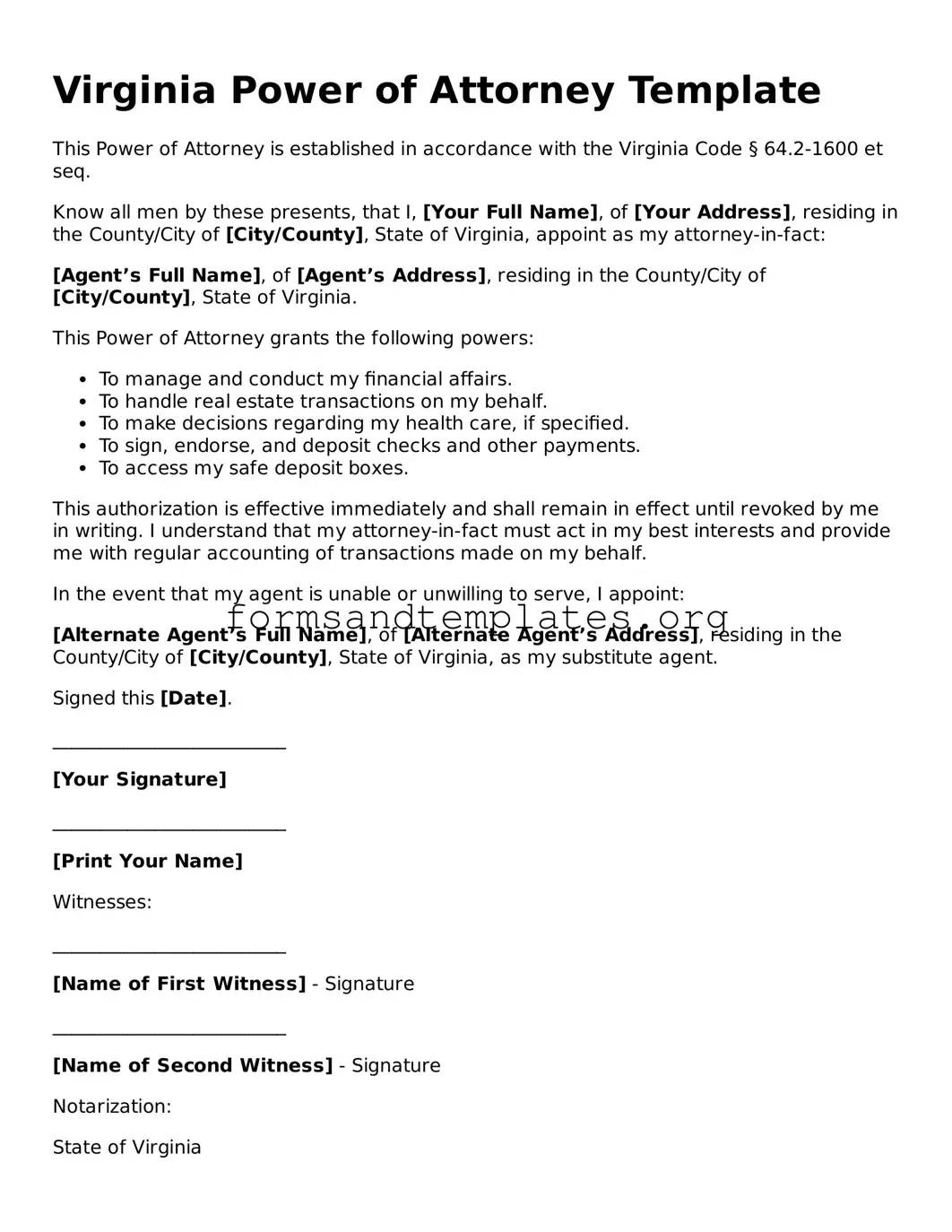 Power of Attorney Template for the State of Virginia