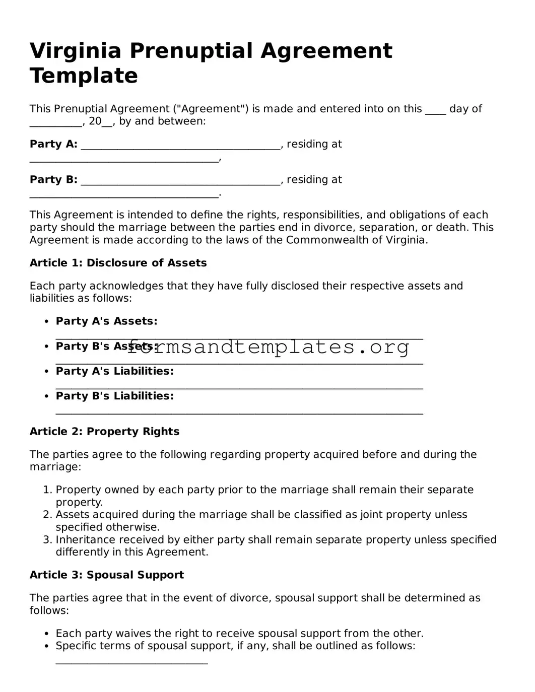 Prenuptial Agreement Template for the State of Virginia