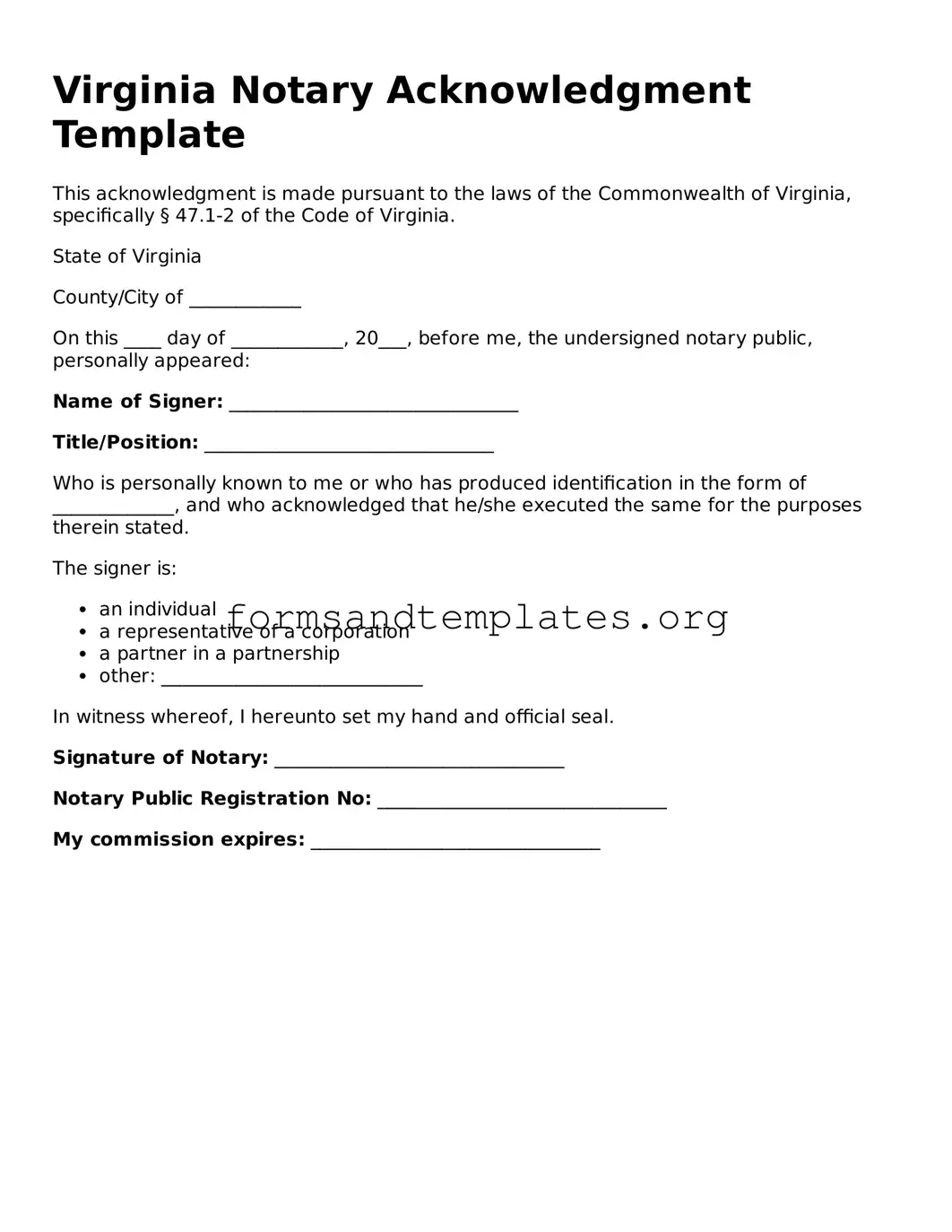 Notary Acknowledgement Template for the State of Virginia