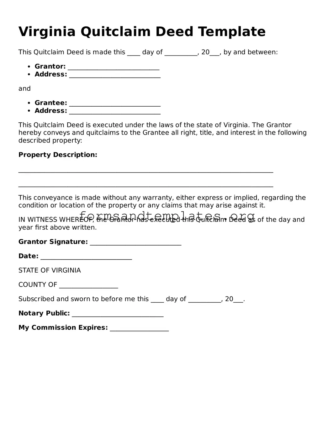 Quitclaim Deed Template for the State of Virginia