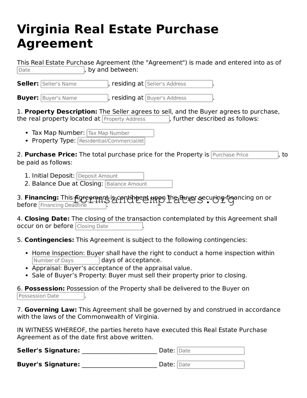 Real Estate Purchase Agreement Template for the State of Virginia