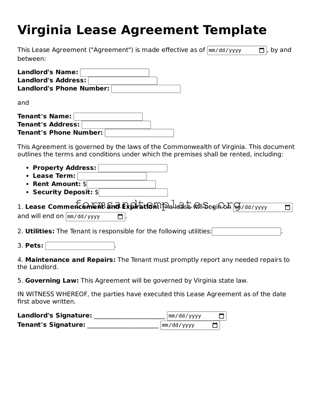Lease Agreement Template for the State of Virginia