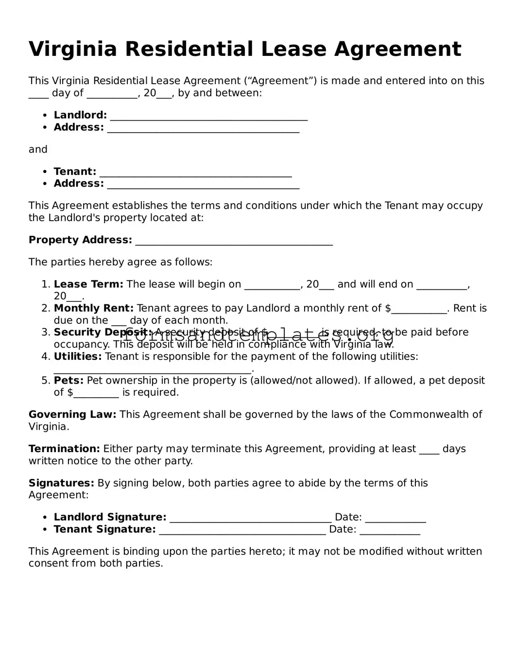 Residential Lease Agreement Template for the State of Virginia