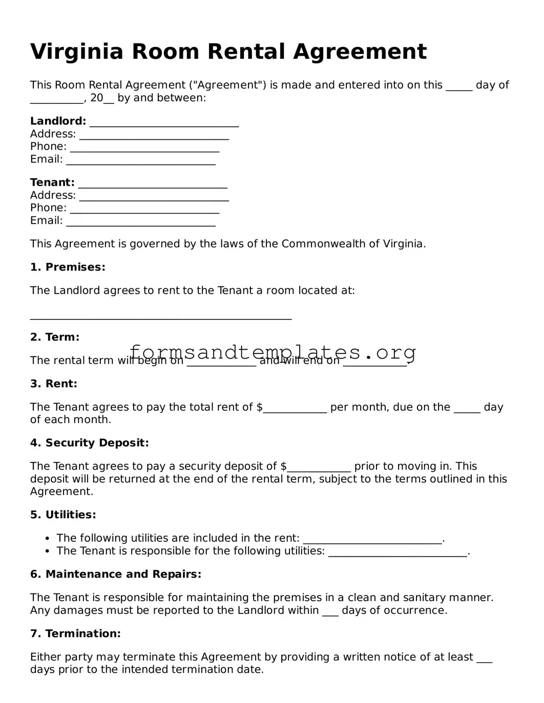 Room Rental Agreement Template for the State of Virginia