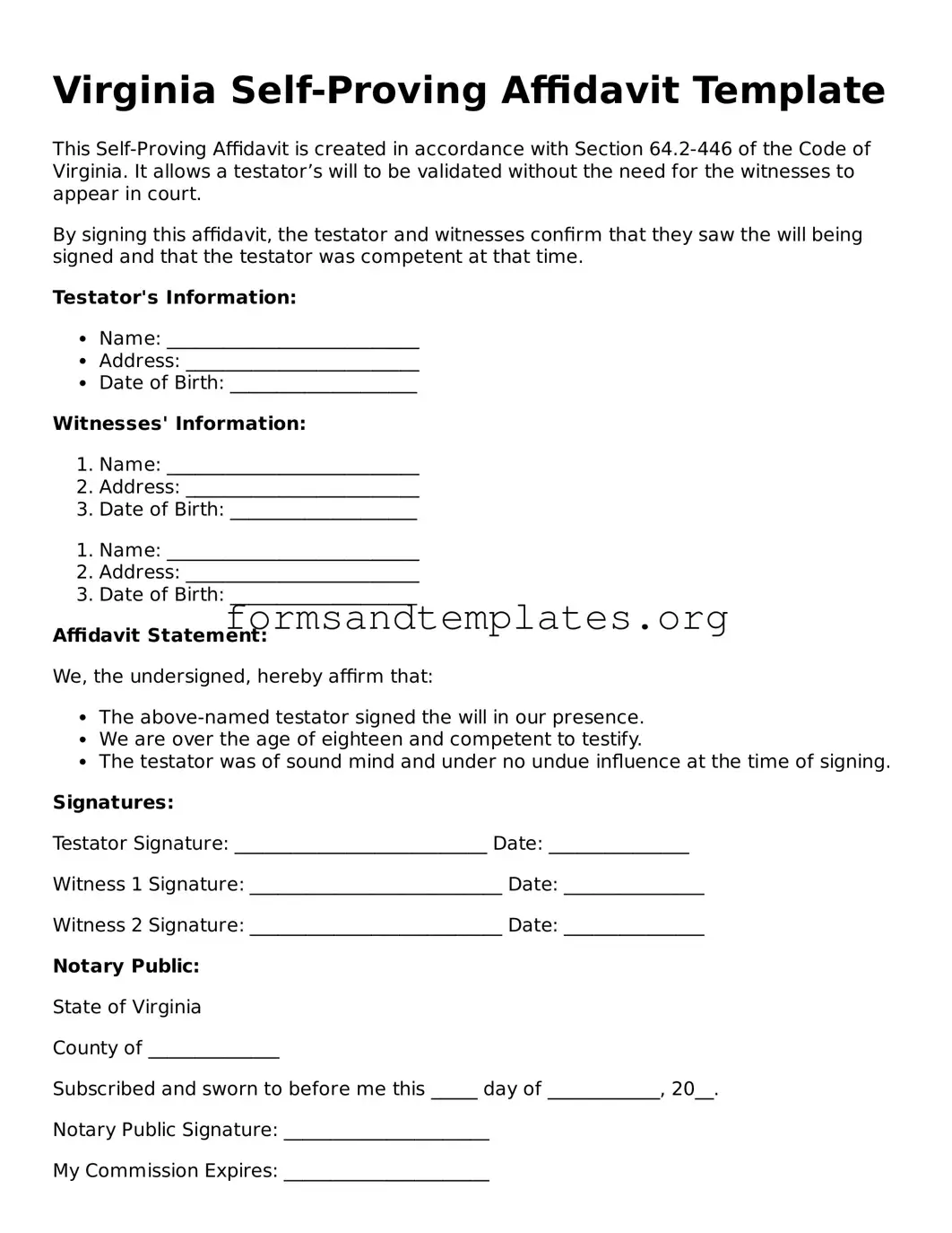 Self-Proving Affidavit Template for the State of Virginia