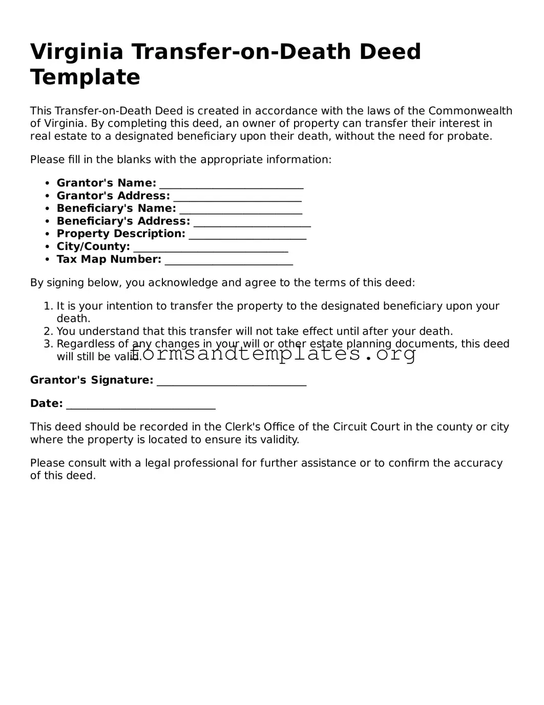 Transfer-on-Death Deed Template for the State of Virginia