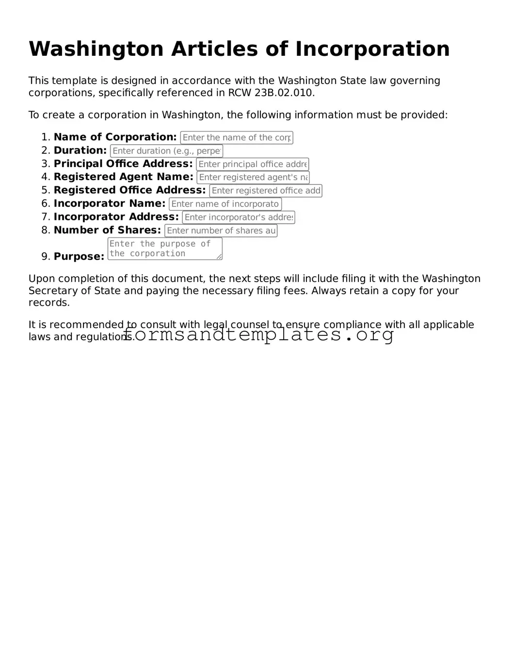 Articles of Incorporation Template for the State of Washington