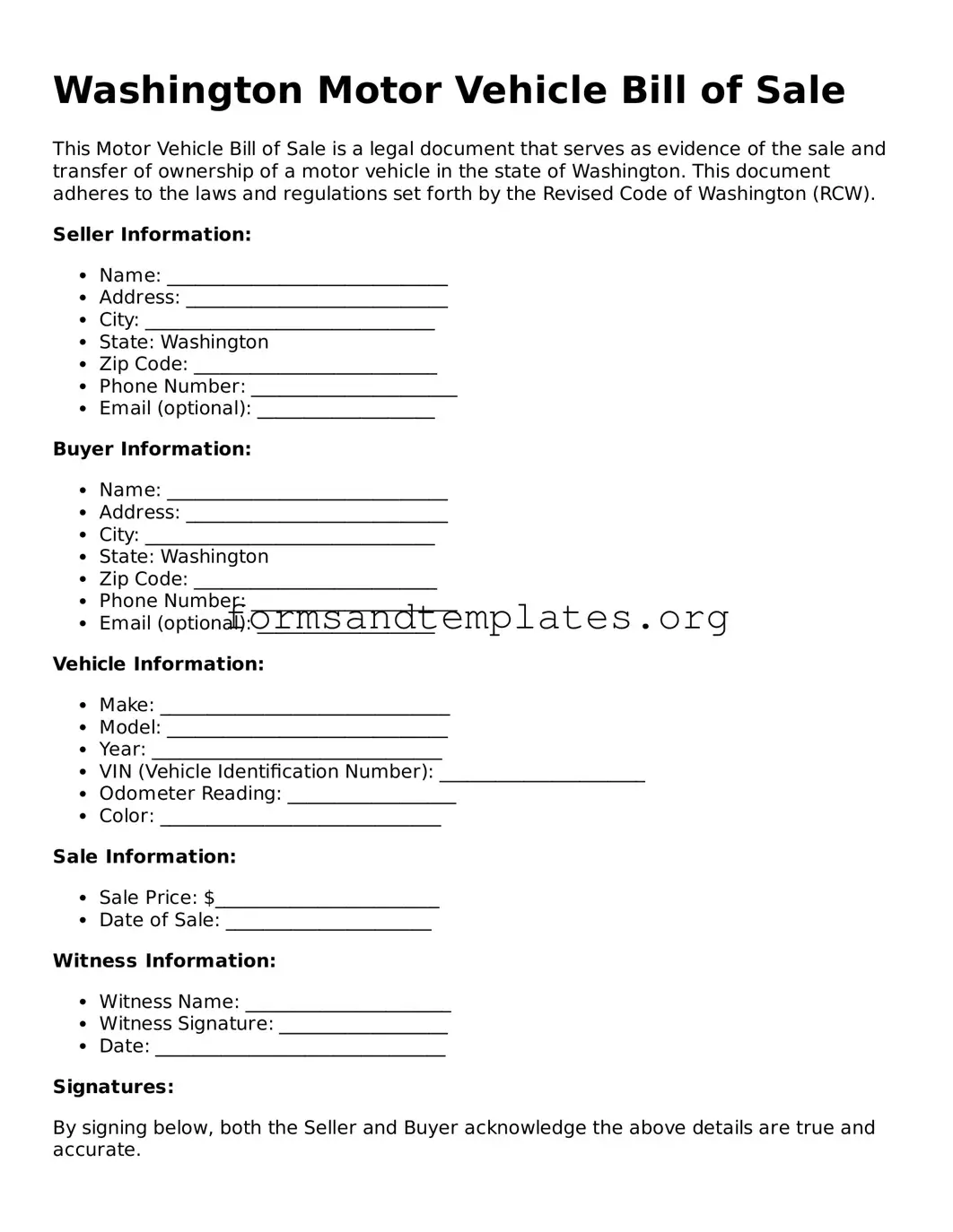 Motor Vehicle Bill of Sale Template for the State of Washington