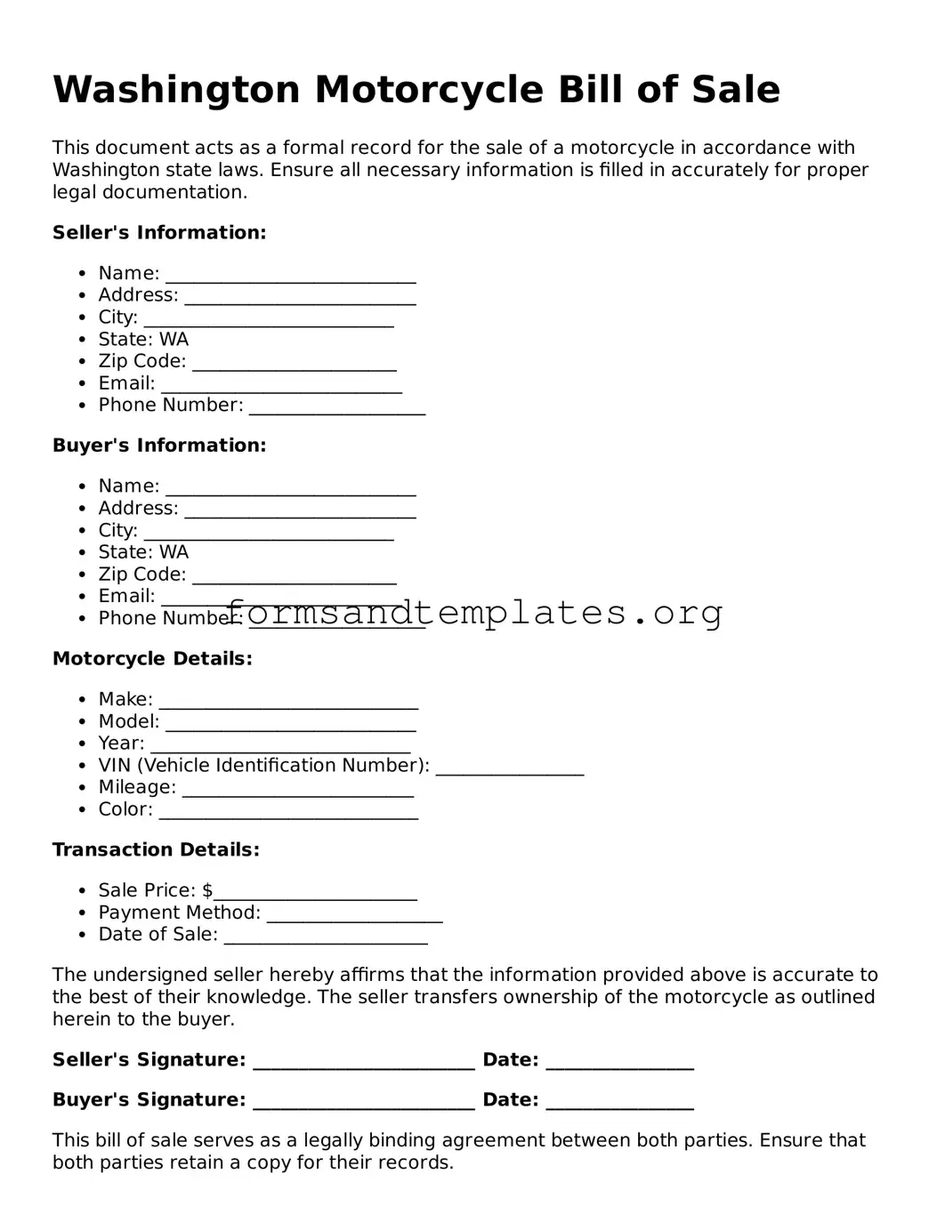 Motorcycle Bill of Sale Template for the State of Washington