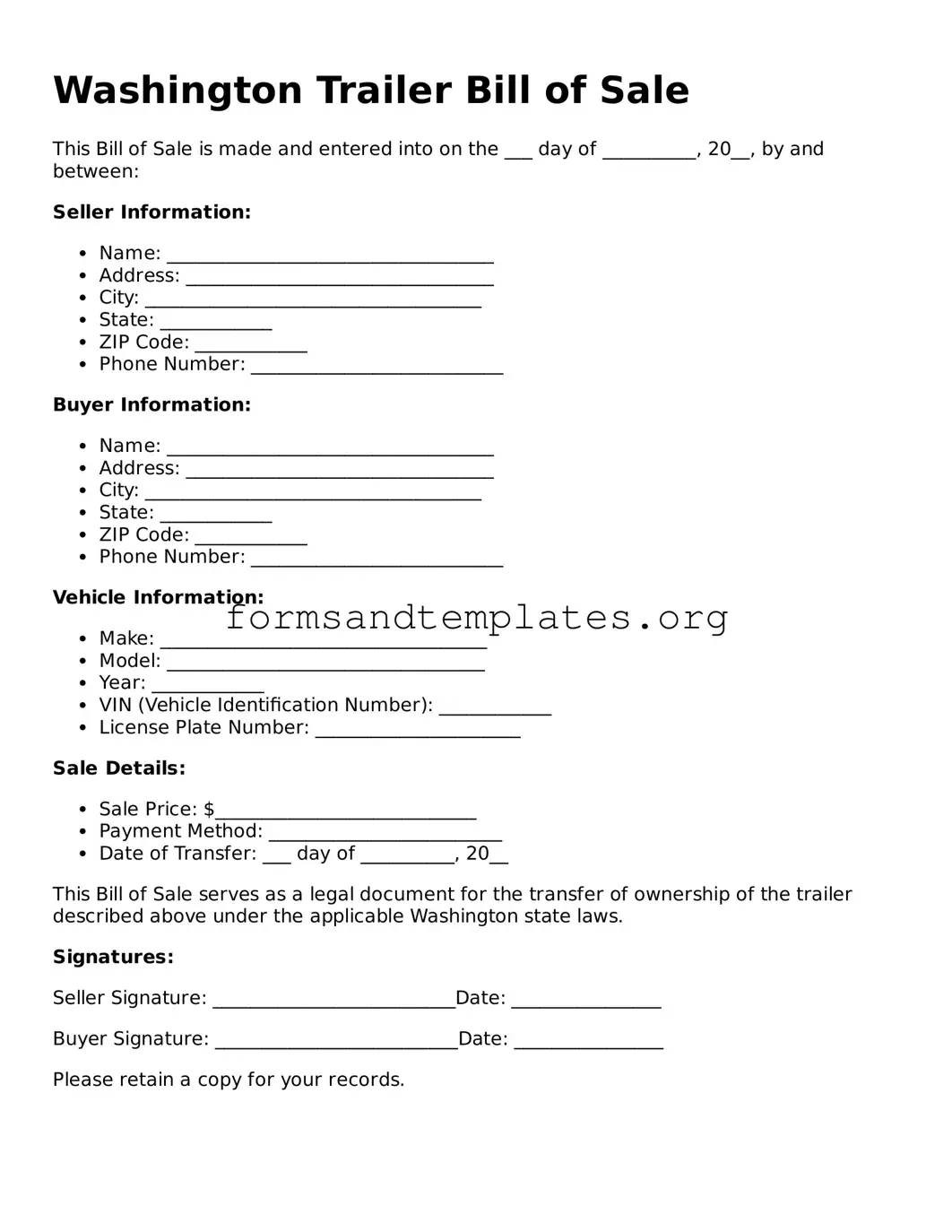 Trailer Bill of Sale Template for the State of Washington