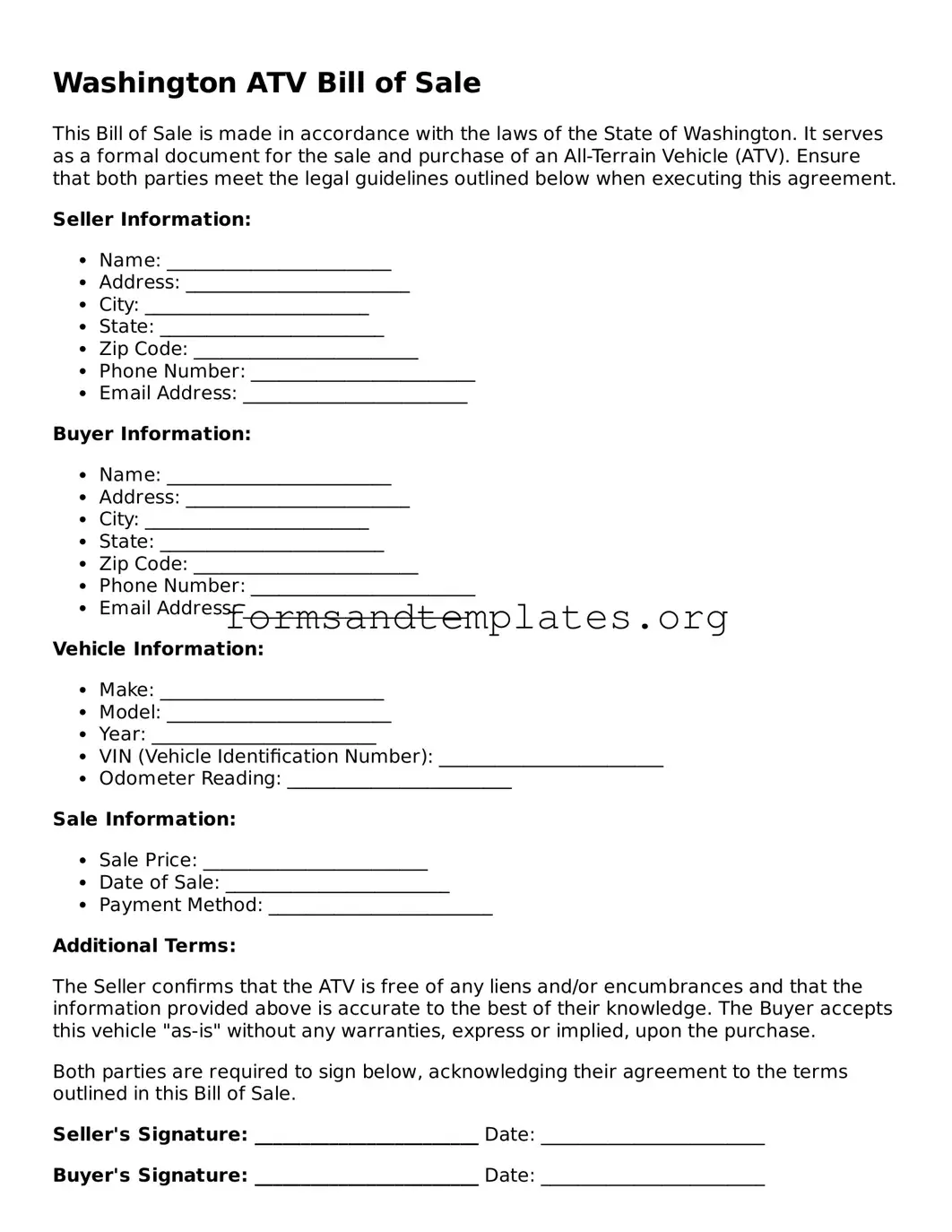 ATV Bill of Sale Template for the State of Washington