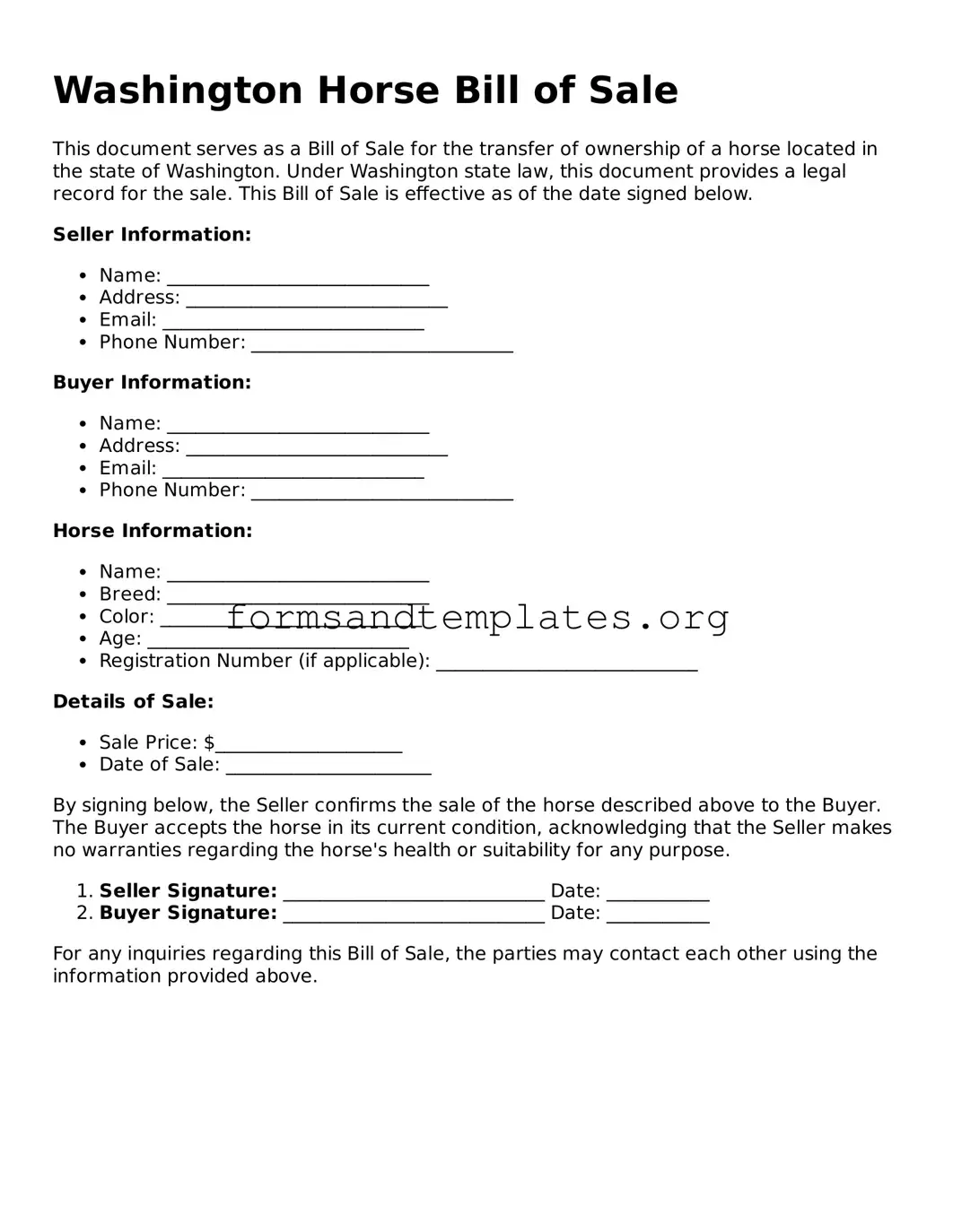 Horse Bill of Sale Template for the State of Washington