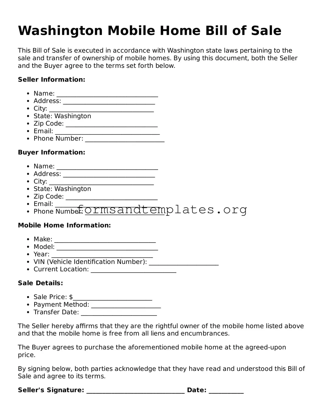 Mobile Home Bill of Sale Template for the State of Washington