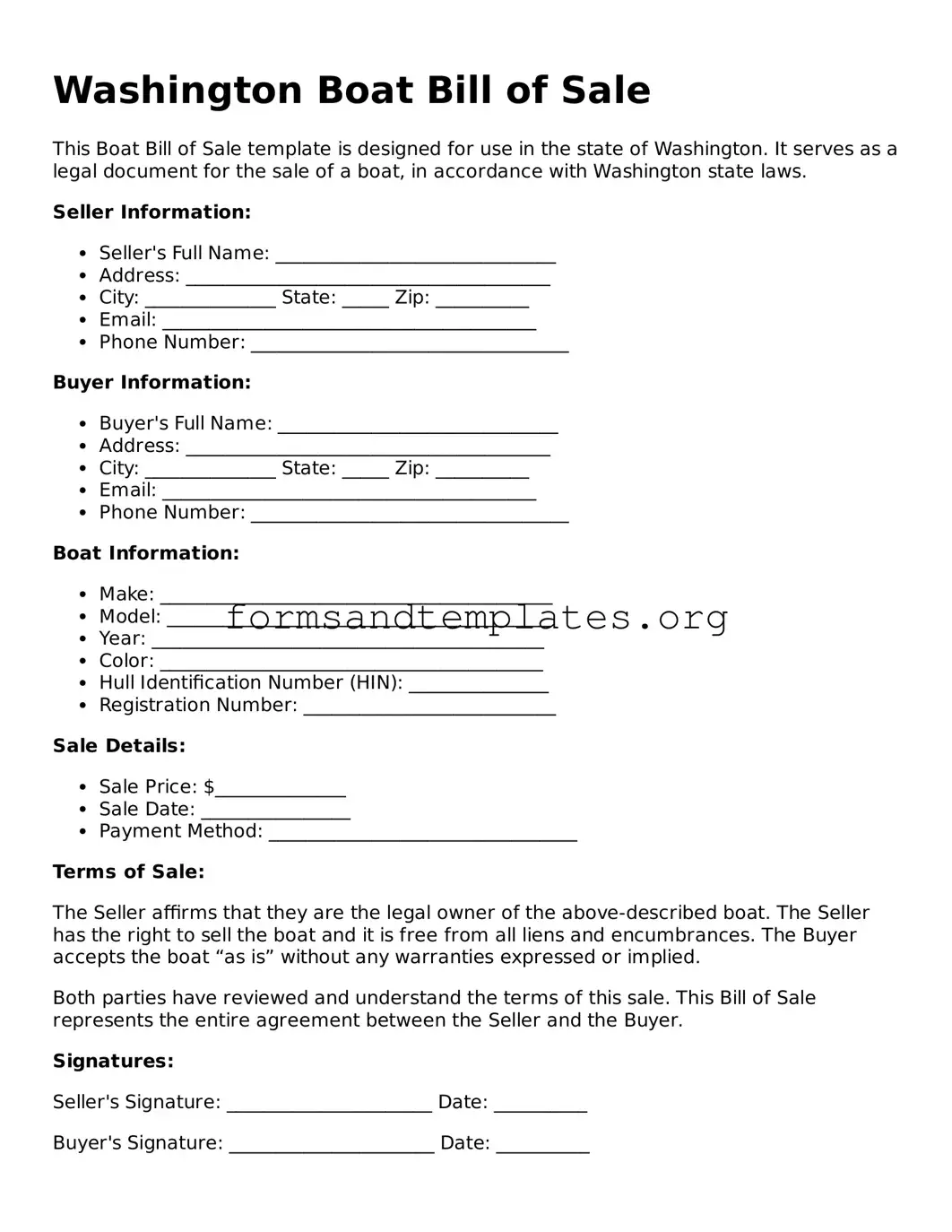 Boat Bill of Sale Template for the State of Washington