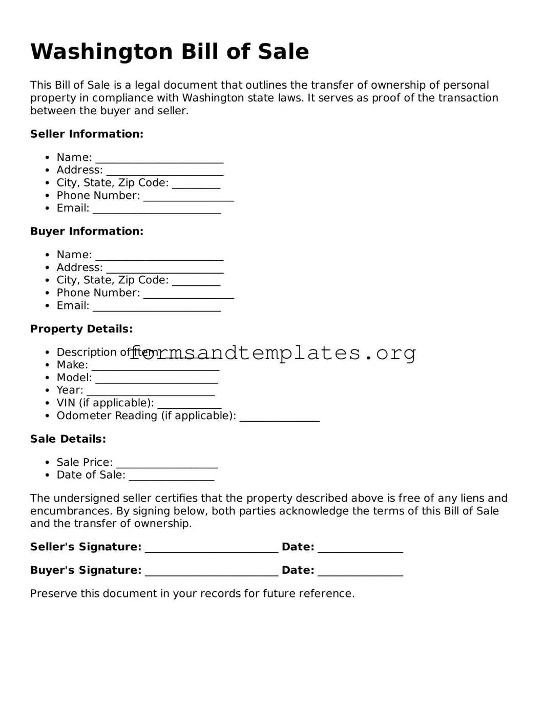 Bill of Sale Template for the State of Washington