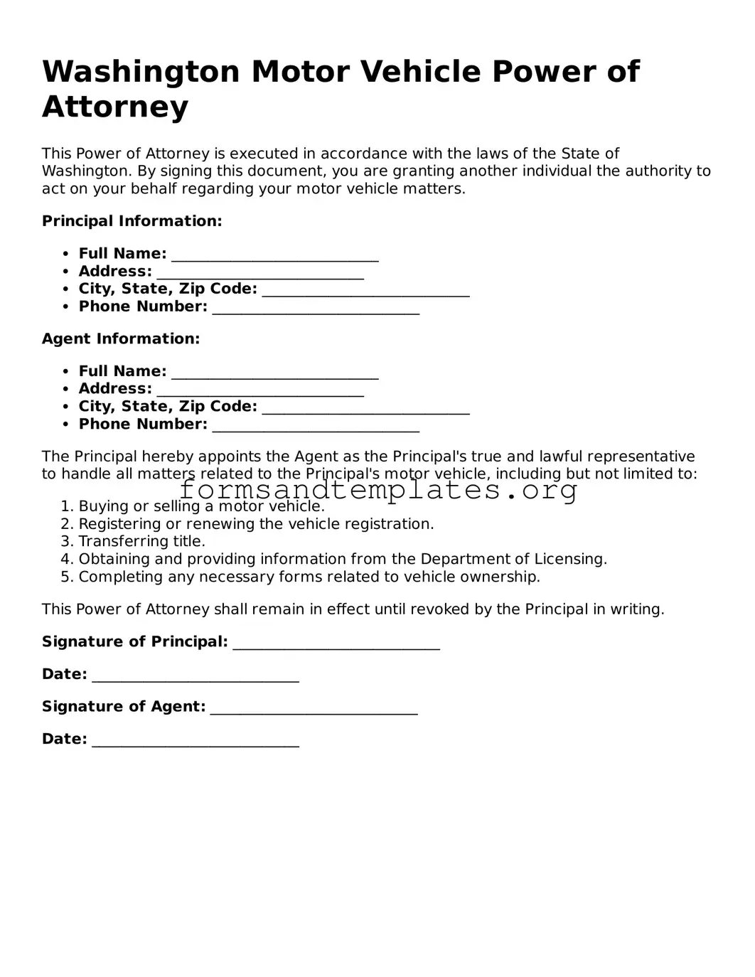 Motor Vehicle Power of Attorney Template for the State of Washington