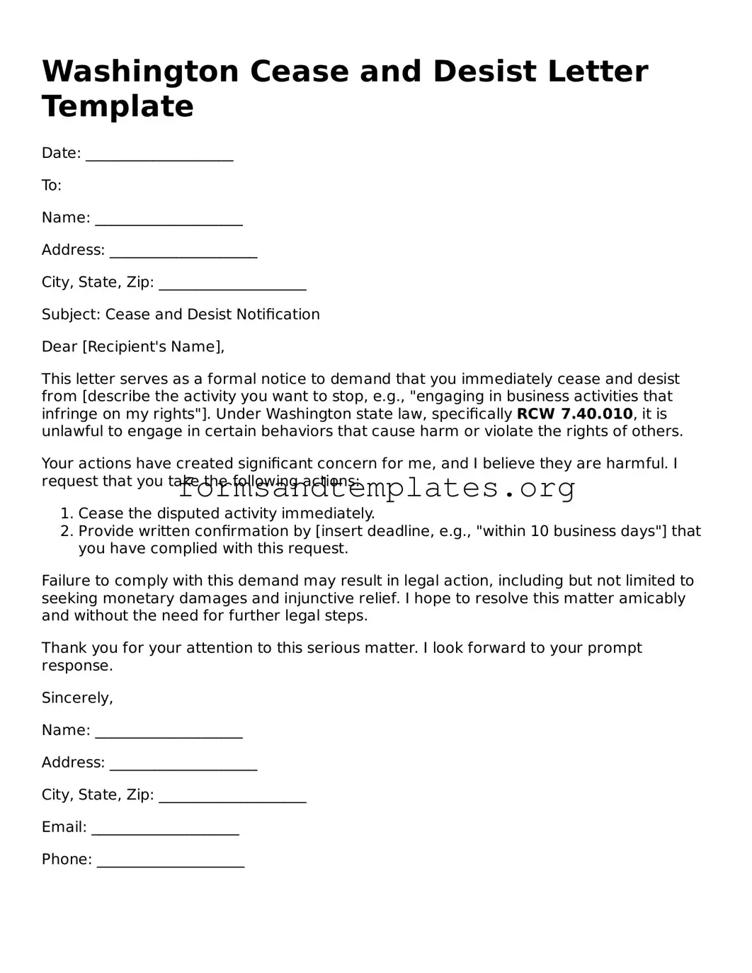 Cease and Desist Letter Template for the State of Washington