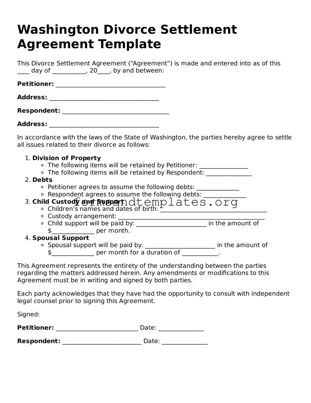 Divorce Settlement Agreement Template for the State of Washington