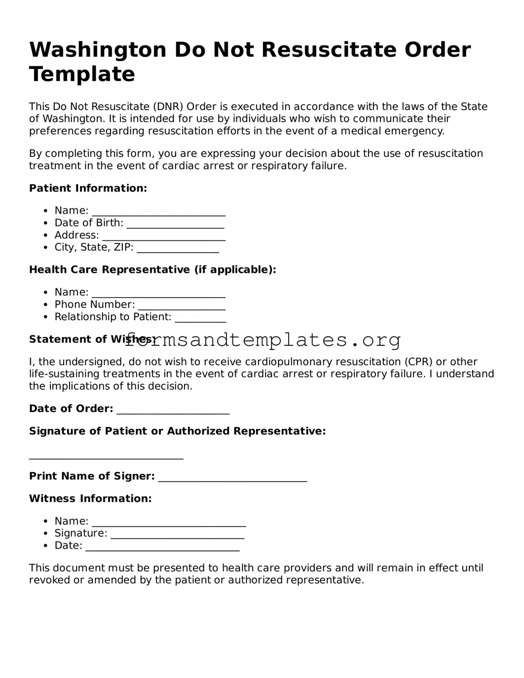 Do Not Resuscitate Order Template for the State of Washington